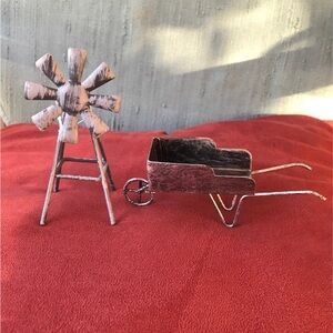 Vintage Brown Windmill and Wheelbarrow Sculpture